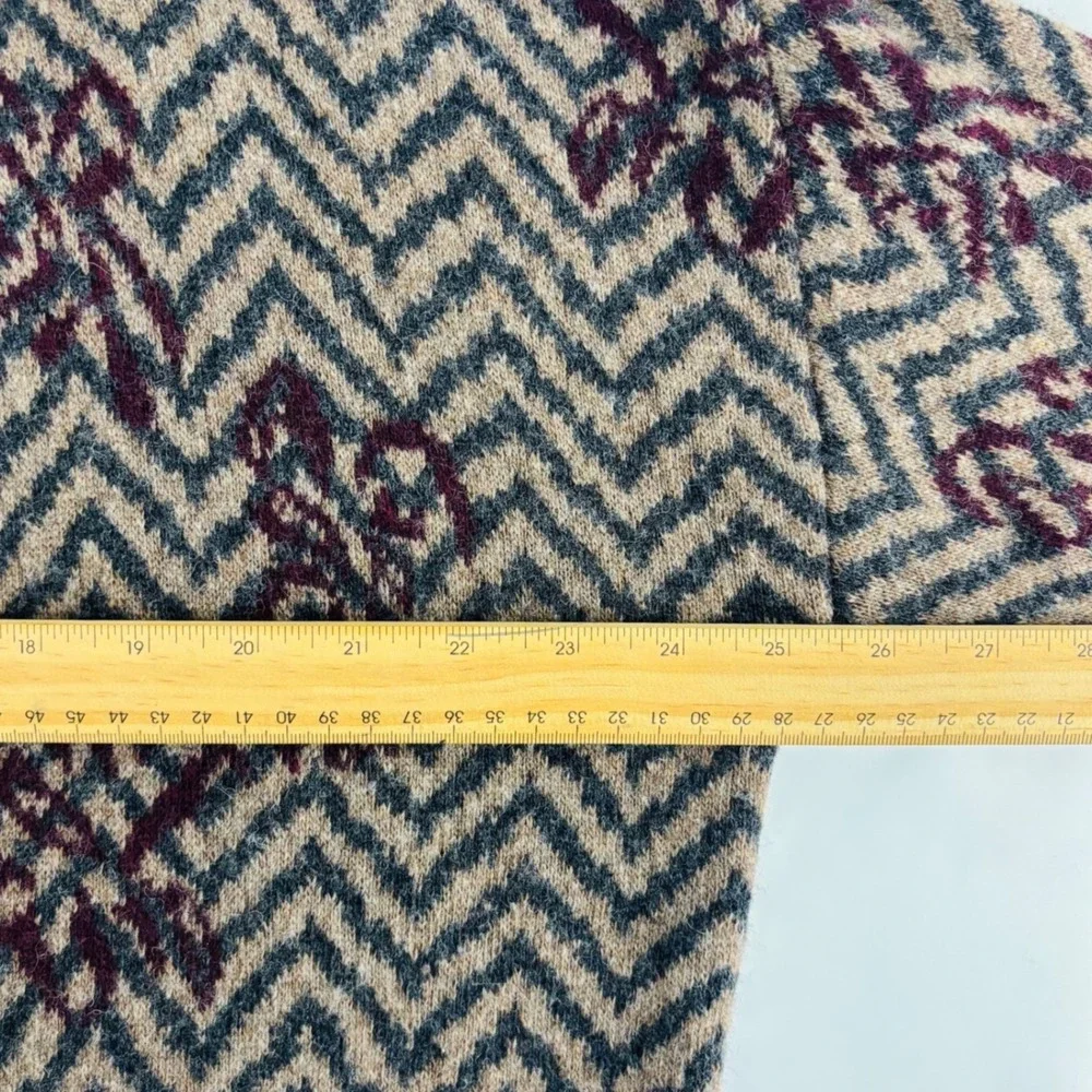 A Ida Italy Made Floral Wool Luxury Long Chevron Cardigan Burgundy Buckle Neck